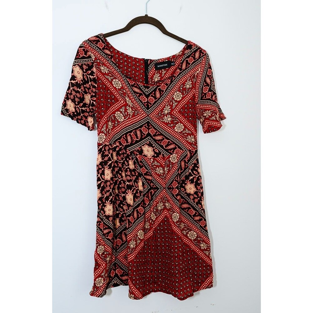Minkpink Dress M Floral Short Sleeve A-line Mini Red‎ Brown Floral Paisley